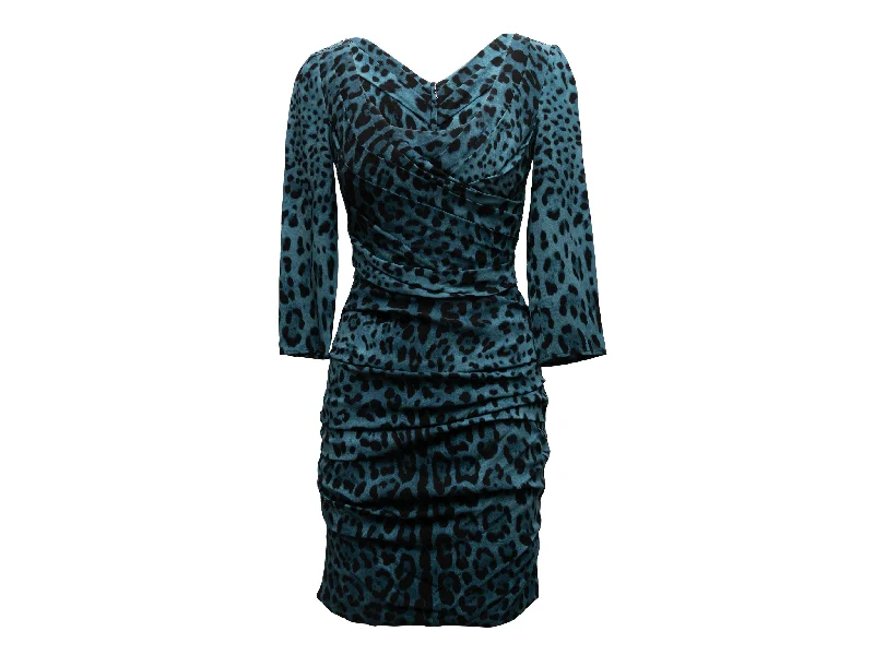Price Reduction Teal & Black Dolce & Gabbana Leopard Print Silk Dress Size IT 44