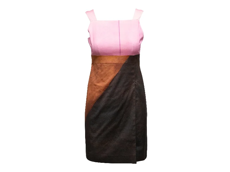 Last Chance Pink & Brown Akris Sleeveless Color Block Dress Size US 2