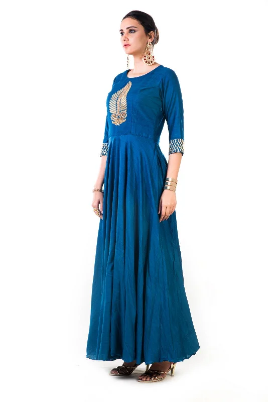 Limited Quantity Blue Leaf Hand Embroidered Silk Anarkali Gown