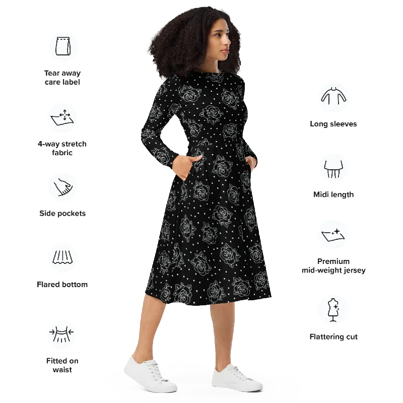 Clearance Event Black Roses & Dots All-over Print Long Sleeve Midi Dress with Pockets Clearance Event Black Roses & Dots All-over Print Long Sleeve Midi Dress with Pockets