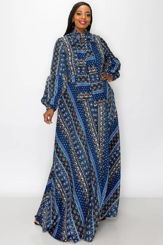 Seasonal Clearance Ethnic Printed Bella Donna Dress with Ribbon and Puffed Out Sleeves Seasonal Clearance Ethnic Printed Bella Donna Dress with Ribbon and Puffed Out Sleeves