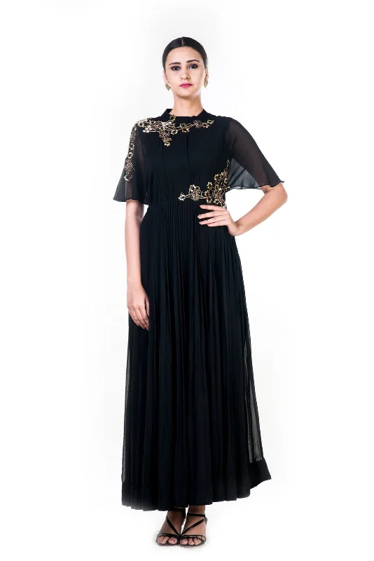 Midnight Sale Hand Embroidered Black Overlapped Yoke Pleated Dress