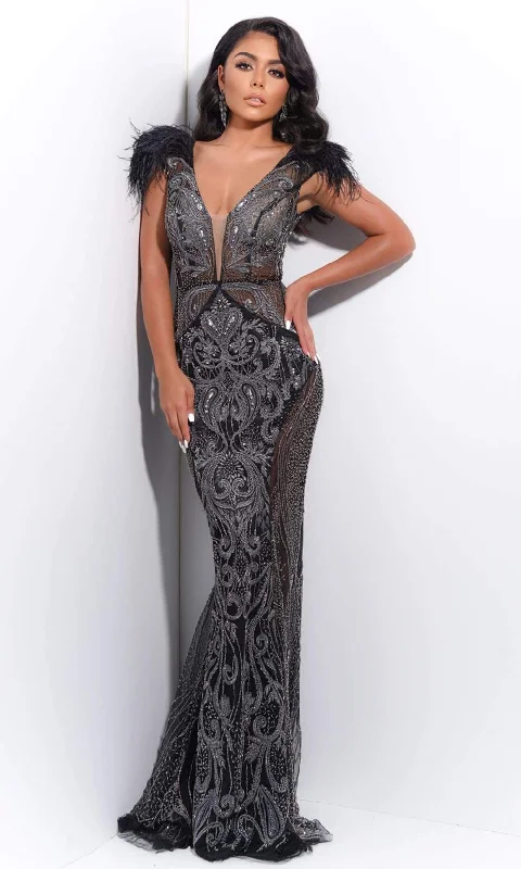 Warehouse Sale Jasz Couture - 7226 Feather Shoulder Beaded and Sequin Illusion Gown