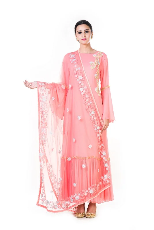 Friends and Family Sale Hand Embroidered Light Pink Double Layer Anarkali Gown With A Floral Work Embroidered Dupatta Friends and Family Sale Hand Embroidered Light Pink Double Layer Anarkali Gown With A Floral Work Embroidered Dupatta