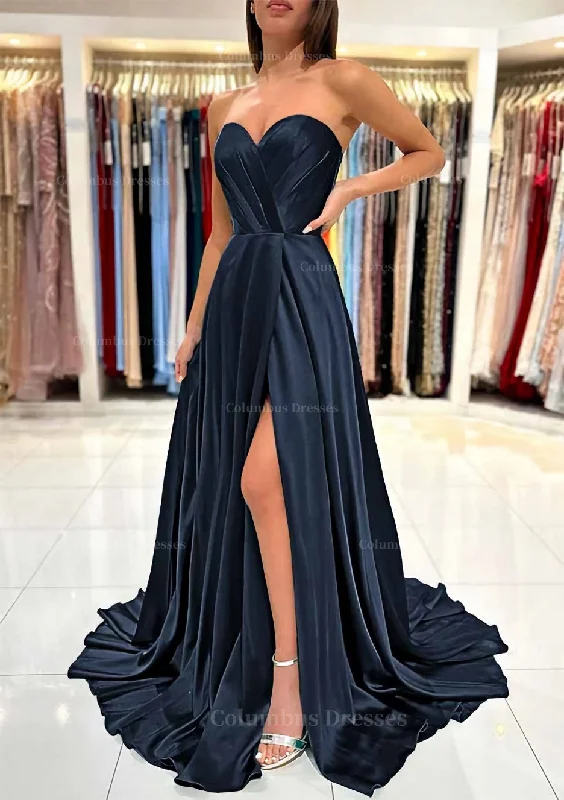 Act Fast A-line Sweetheart Strapless Sweep Train Charmeuse Prom Dress With Pleated Split
