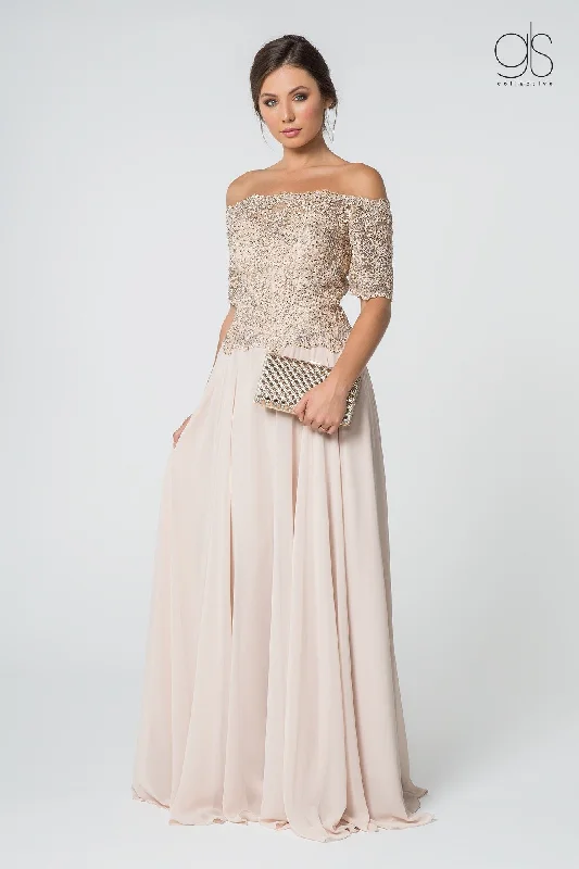 Deal Zone Long Off Shoulder Dress with Embroidered Bodice by Elizabeth K GL2525