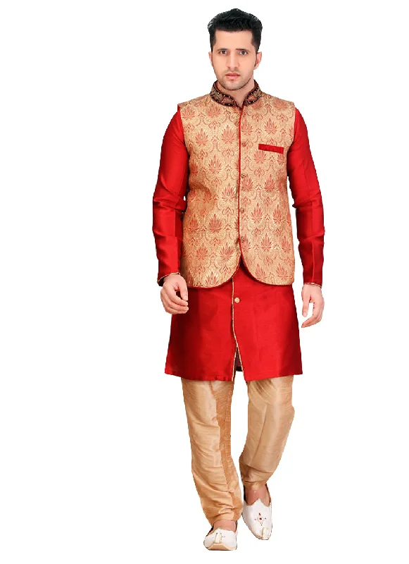 Seasonal Sale Red Jacquard And Jute Silk Indian Wedding Indo-Western Sherwani For Men Seasonal Sale Red Jacquard And Jute Silk Indian Wedding Indo-Western Sherwani For Men