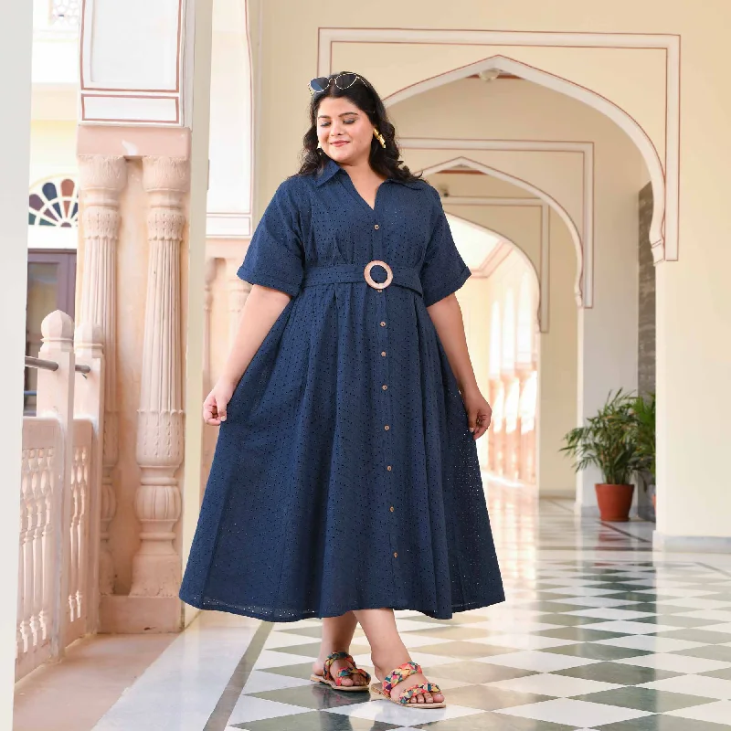 Clearance Items Lunar Blue Cotton Schiffli A-line Dress