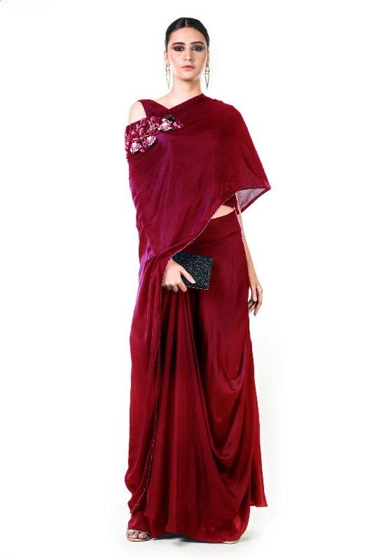 Fantastic Offers Maroon Draped Gown With A Hand Embroidered Cape Dupatta