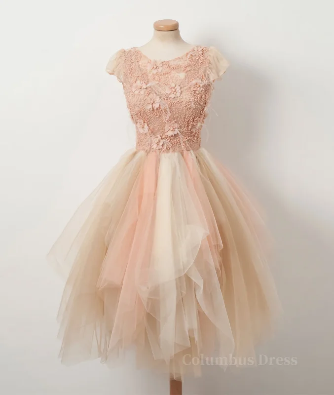 Price Meltdown Champagne round neck tulle beads short Corset Prom dress, Corset Homecoming dress outfit