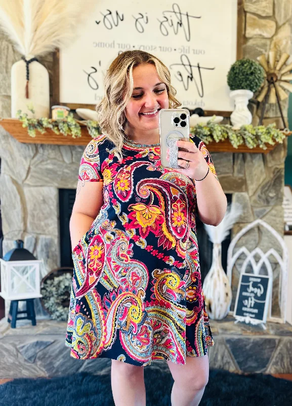 Massive Deals Navy Paisley Floral Dress With Pockets