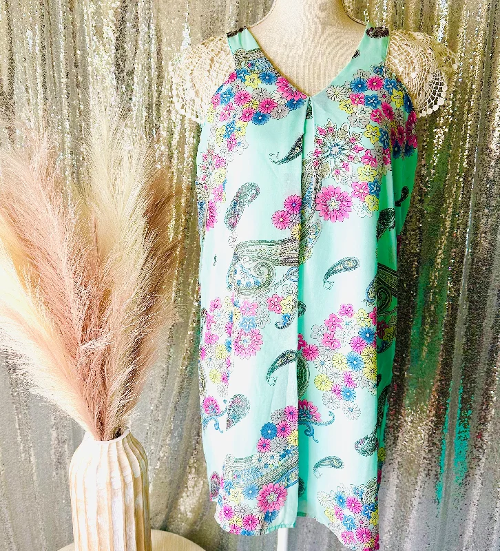 The Best Prices Teal Floral Paisley Lace Sleeve Dress