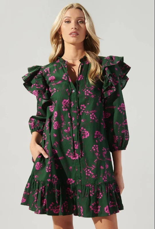 Deal Alert Ruffle Drop Waist Dress- Forest and Pink