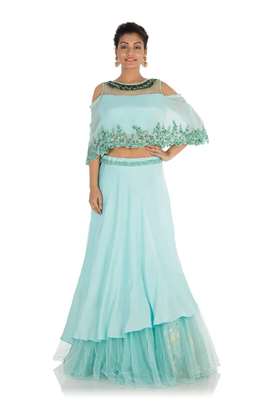 Seasonal Clearance Hand Embroidered Sea Blue Lehenga Set