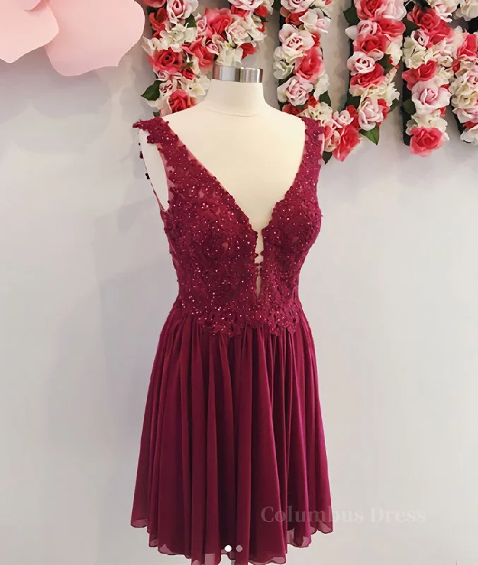 Unmissable Offer Burgundy v neck chiffon lace short Corset Prom dress, Corset Homecoming dress outfit Unmissable Offer Burgundy v neck chiffon lace short Corset Prom dress, Corset Homecoming dress outfit
