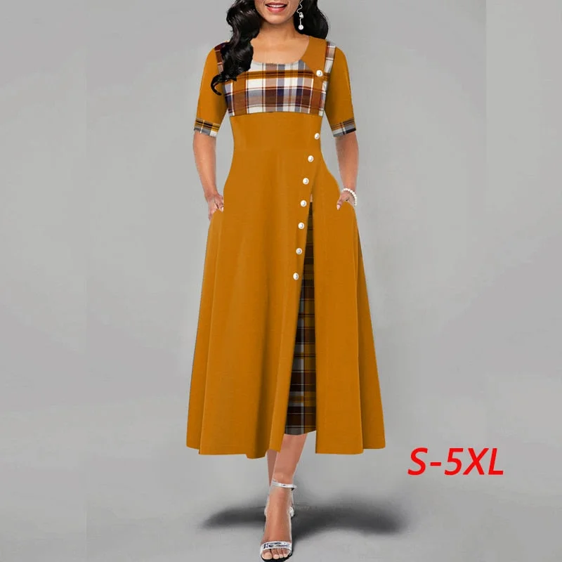 Flash Deals Casual Irregular Plaid Print Button Maxi Dress