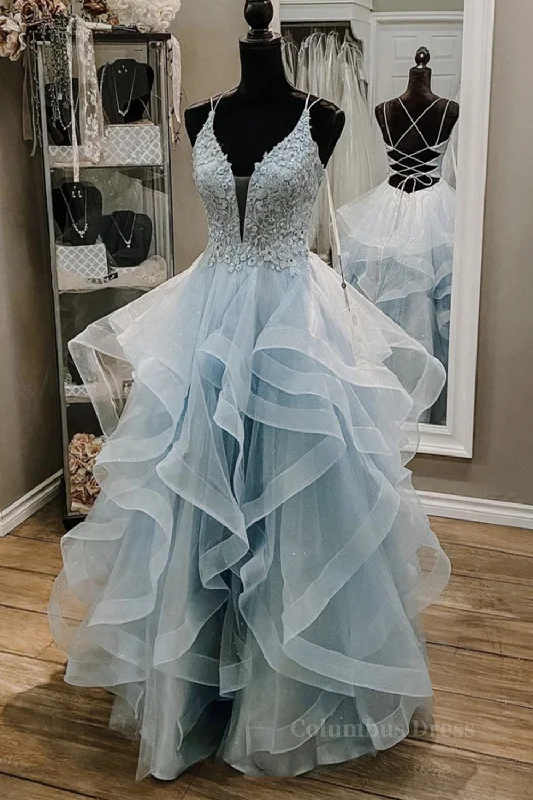 Limited Time Offer Shiny V Neck Backless Fluffy Blue Long Corset Prom Dresses, V Neck Blue Corset Formal Dresses, Blue Lace Evening Dresses outfit Limited Time Offer Shiny V Neck Backless Fluffy Blue Long Corset Prom Dresses, V Neck Blue Corset Formal Dresses, Blue Lace Evening Dresses outfit