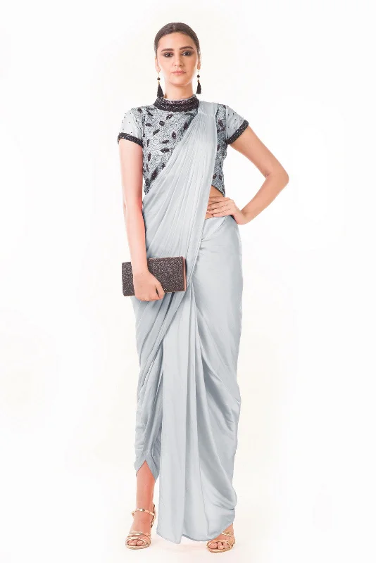 The Best Prices Grey Draped Dhoti With Shaded Palla & Patta Work Croptop