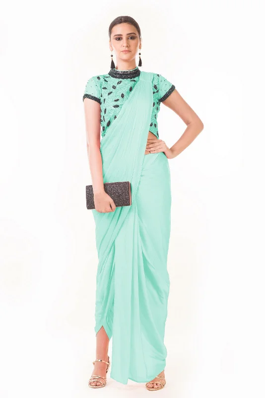 Super Sale Mint Green Draped Dhoti With Shaded Palla & Patta Work Croptop