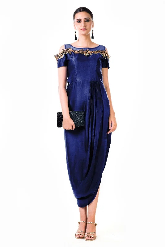 New Deals Royal Blue Hand Embroidered Cold Shoulder Draped Gown