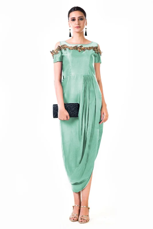 Overstock Mint Green Hand Embroidered Cold Shoulder Draped Gown