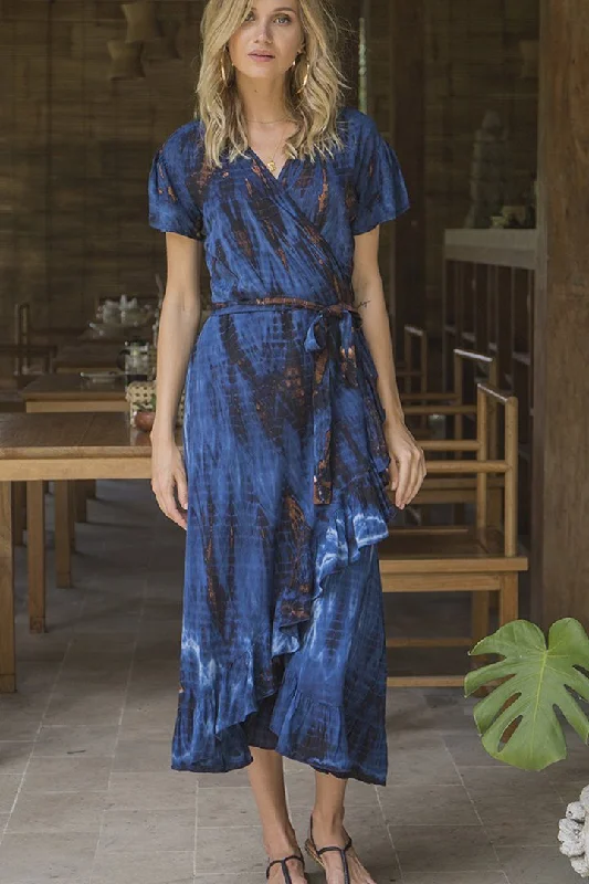 Year-End Sale SHU-SHI Women's Boho Maxi Wrap Dress - Casual V-Neck Tie Dye Sundress