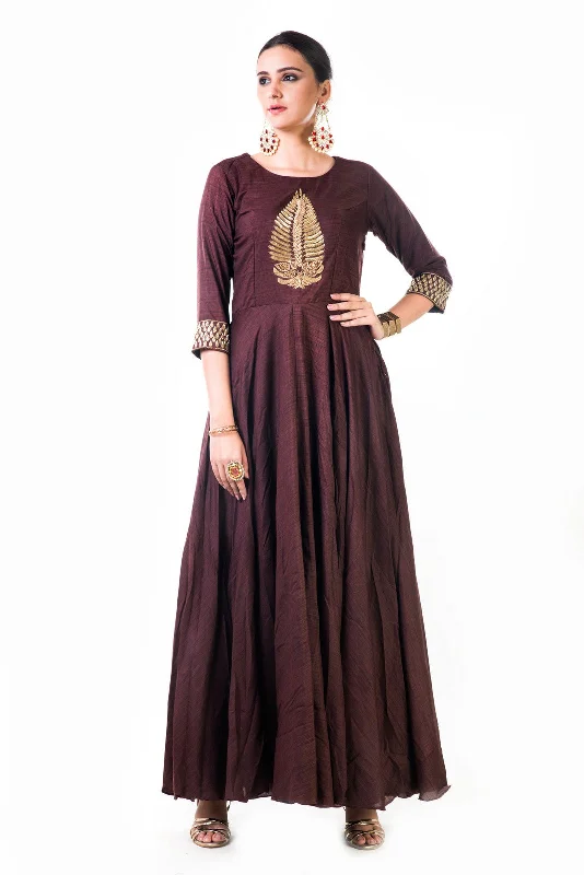 Midnight Sale Brown Leaf Hand Embroidered Silk Anarkali Gown