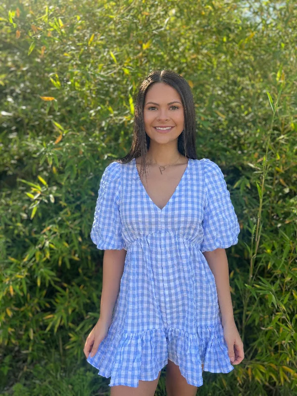 Customer Appreciation Sale PLAID V-NECK PUFF SLEEVE ROMPER: Blue