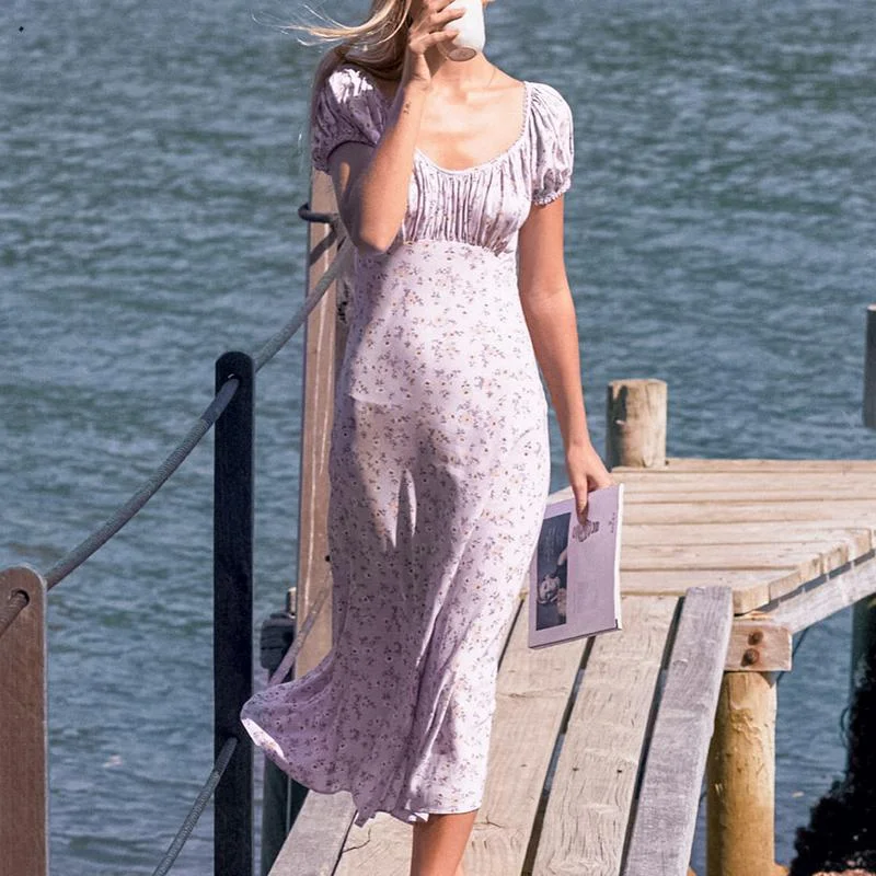 Price Reduction Women's Summer Puff-Sleeved A-Line Midi Dress With Floral Print