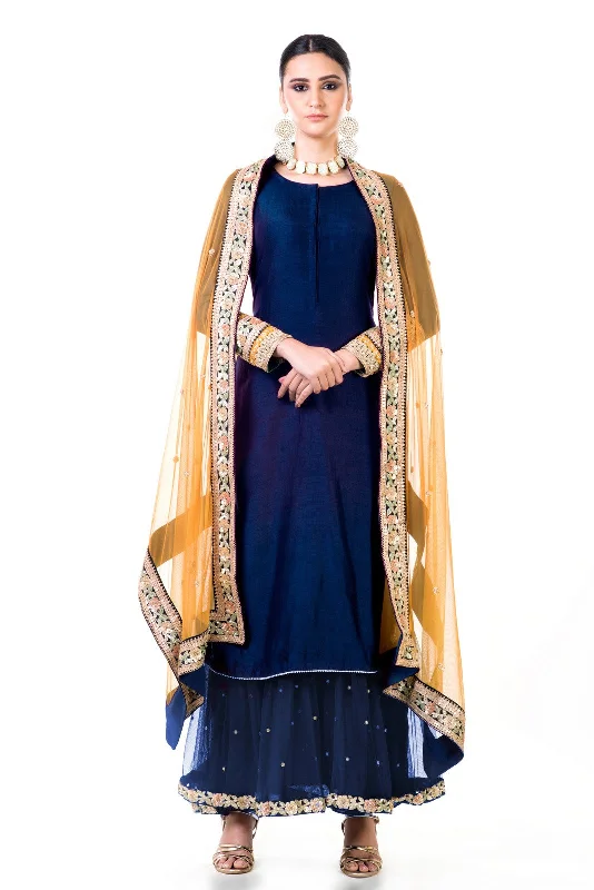 Clearance Sale Navy Blue Double Layer Dress With Beige Dupatta