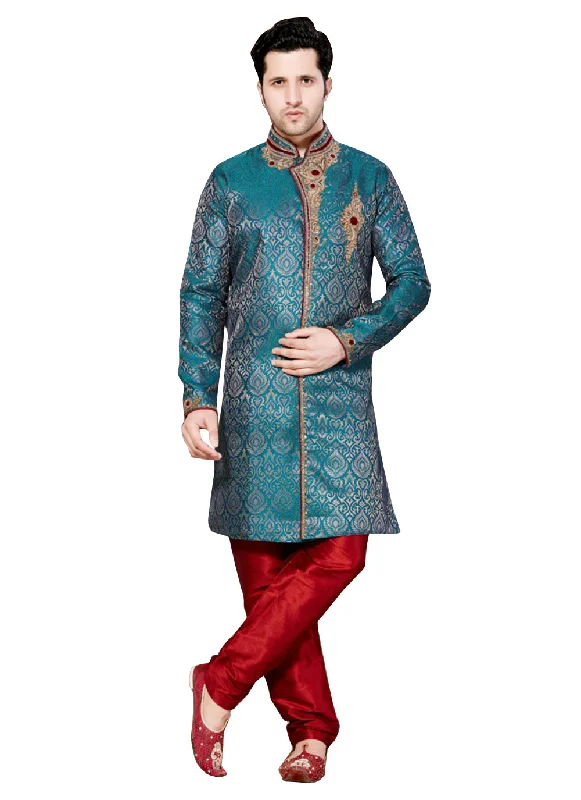 Clearance Sale Green Jacquard Silk Indian Wedding Indo-Western Sherwani For Men