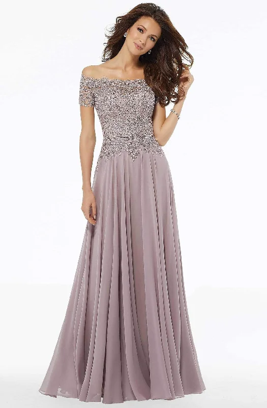 The Best Prices MGNY By Mori Lee - 72133 Off Shoulder Lace Appliqued Chiffon Dress