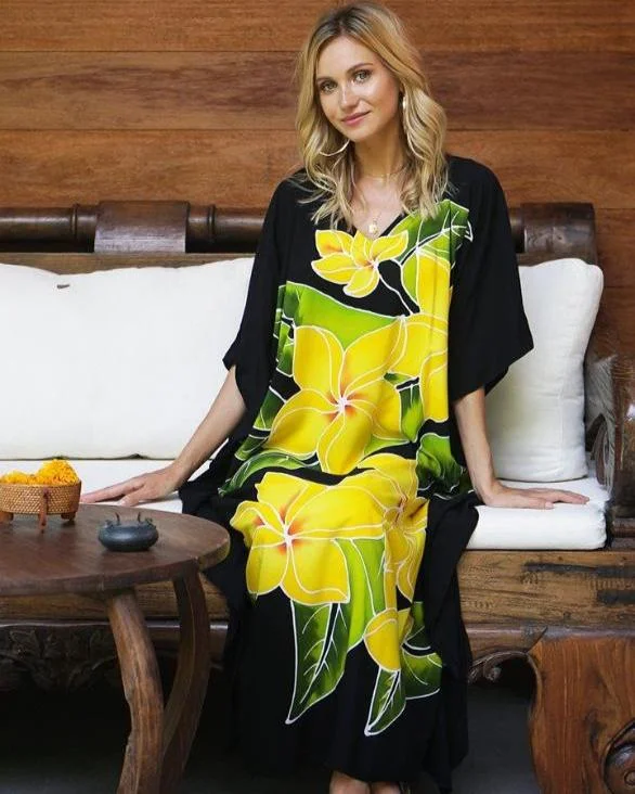 Epic Deals SHU-SHI Women's Handpainted Floral Kaftan Dress - Loose Maxi Beach Cover-Up, Plus Size Caftan