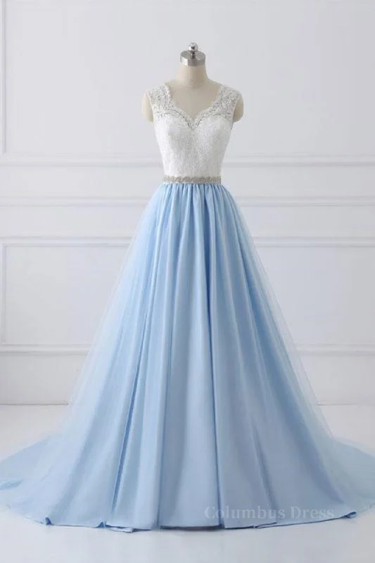 Closeout Sale V Neck Light Blue Lace Corset Prom Dresses, Light Blue Lace Corset Formal Evening Dresses outfit Closeout Sale V Neck Light Blue Lace Corset Prom Dresses, Light Blue Lace Corset Formal Evening Dresses outfit