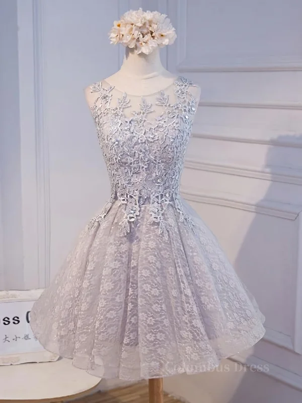 Price Cut Round Neck Short Gray Lace Corset Prom Dresses, Short Gray Lace Corset Formal Corset Homecoming Graduation Dresses outfit