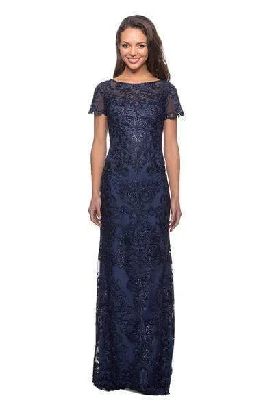 Price Rollback La Femme - 26405 Short Sleeve Jewel-Adorned Lace Sheath Gown