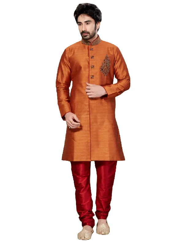 Limited Time Offer Orange Ghicha Silk Indian Wedding Indo-Western Sherwani For Men Limited Time Offer Orange Ghicha Silk Indian Wedding Indo-Western Sherwani For Men