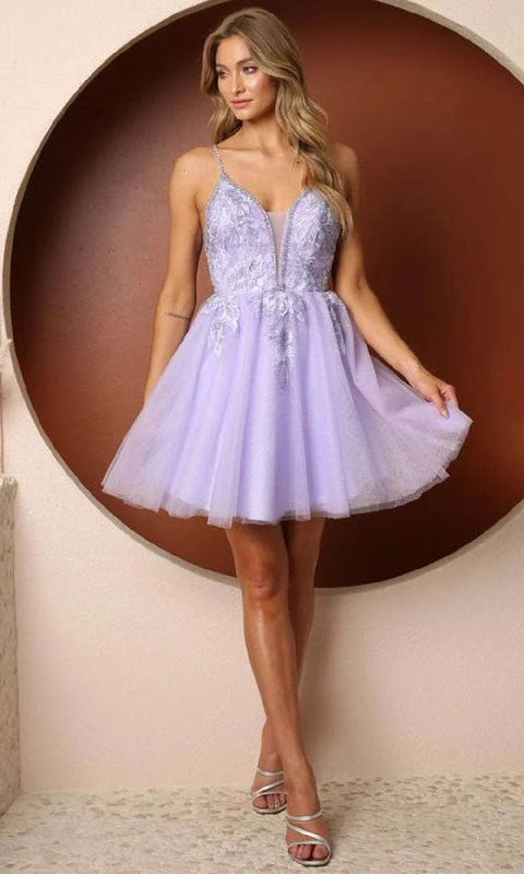 Special Price Nox Anabel T741 - Embroidered Plunging V-neck Short Dress