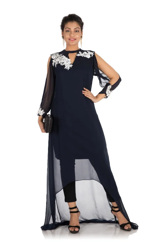 Price Slash Hand Embroidered Navy Blue Asymmetrical Dress