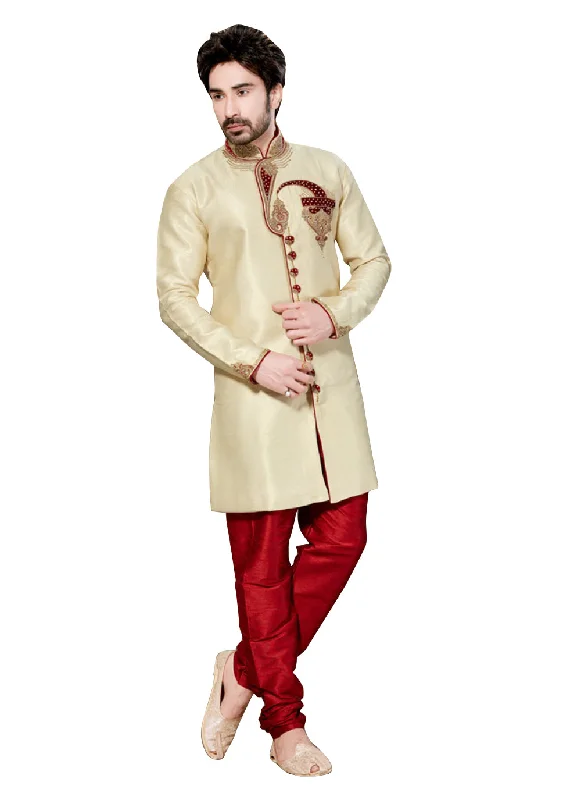 Flash Sale Cream Ghicha Silk Indian Wedding Indo-Western Sherwani For Men