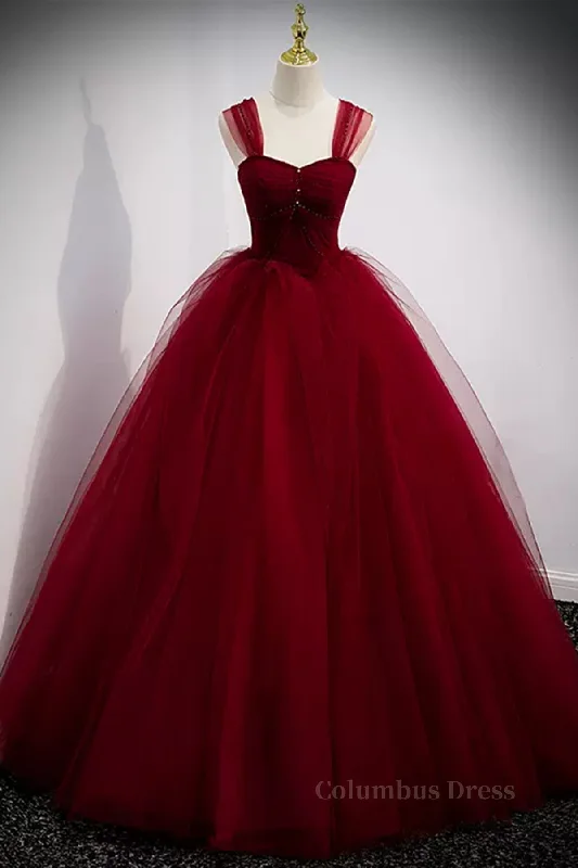 Price Drop A Line Spaghetti Straps Beaded Burgundy Tulle Long Corset Prom Dresses, Long Burgundy Corset Formal Evening Dresses outfit