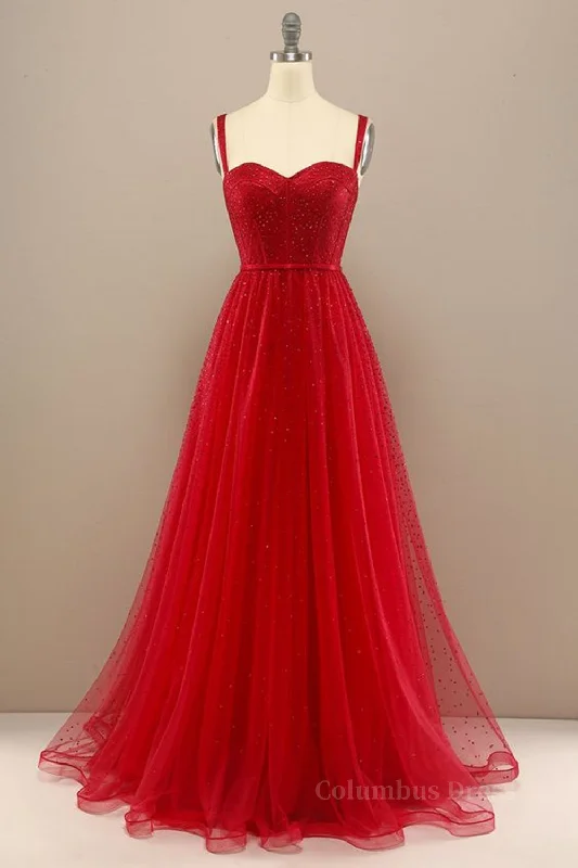 Weekend Deal Shiny Sweetheart Neck Red Tulle Beaded Long Corset Prom Dresses, Open Back Red Tulle Corset Formal Graduation Evening Dresses outfit