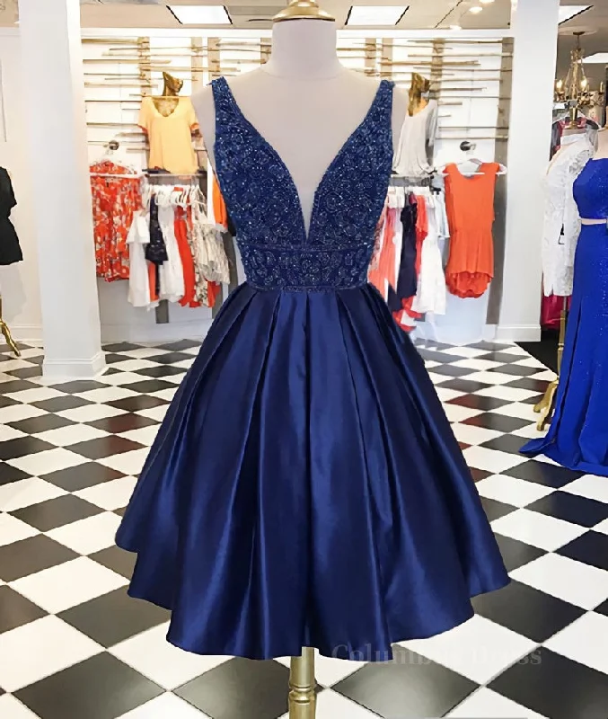 Mega Deal Dark blue v neck beads satin short Corset Prom dress, blue Corset Homecoming dress outfit Mega Deal Dark blue v neck beads satin short Corset Prom dress, blue Corset Homecoming dress outfit