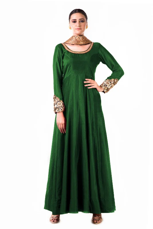 Price Slash Green Bem-Silk Kali Dress With A Black Velvet Dupatta