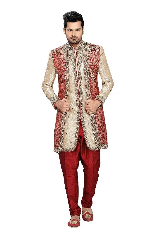 Special Price Beige & Maroon Jacquard Silk Indian Wedding Indo-Western Sherwani For Men Special Price Beige & Maroon Jacquard Silk Indian Wedding Indo-Western Sherwani For Men