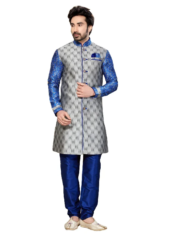 Weekend Deal Gray Ghicha Silk Indian Wedding Indo-Western Sherwani For Men