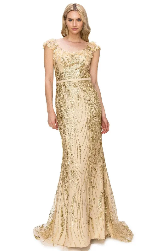 Price Reduction Cinderella Couture 8057J - Scoop Glitter Floral Appliqued Prom Gown