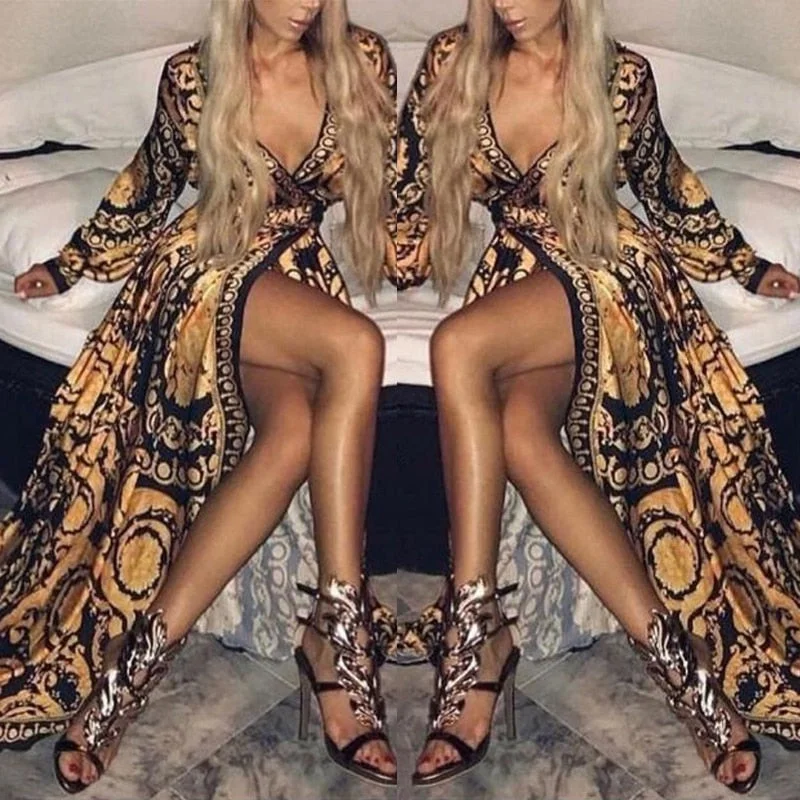 Deep Discounts Retro Bohemian Floral Print Gold Maxi Dress