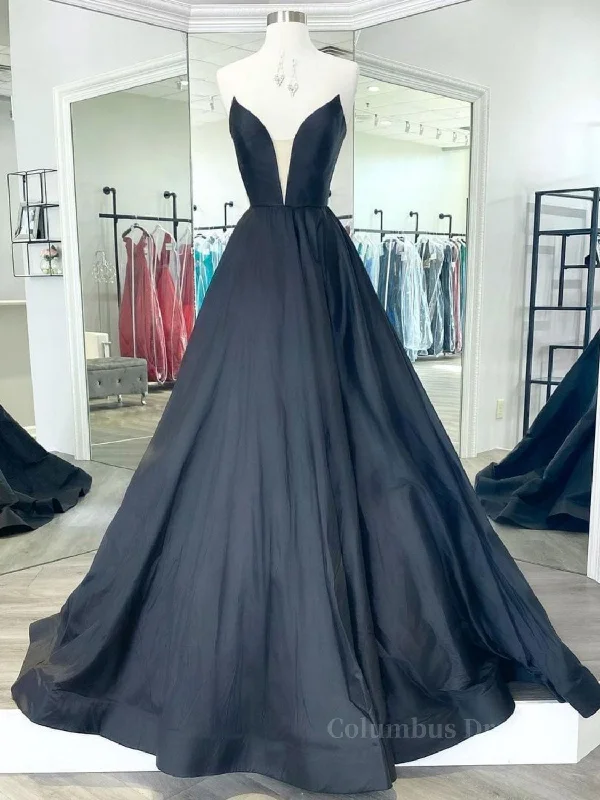 Deal Alert Black v neck satin long Corset Prom dress, black evening dress outfit