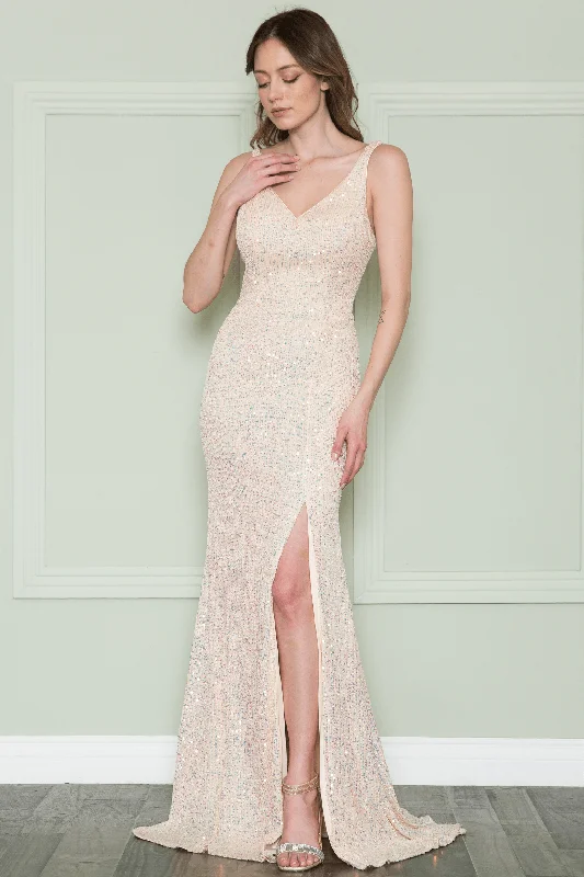 Deal Alert Poly USA 8900 - Sequined V Neck Elegant Dress